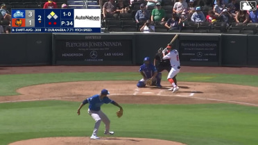 Drew Swift singles on a ground ball to center fielder Michael Siani. Junior Perez scores.