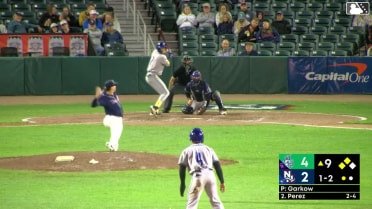 Andy Perez triples (1) on a line drive to right fielder Victor Arias. Zach Kokoska scores. GJ Hill scores.