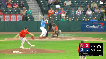 Eddie Micheletti Jr. out on a sacrifice fly to center fielder Miguel Bleis. Nick Goodwin scores.