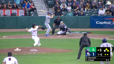 Conner Capel singles on a line drive to center fielder Victor Arias. Andy Perez scores. Aidan Longwell to 2nd.