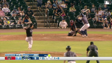 Stone Russell doubles (7) on a ground ball to left fielder Paulino Santana. Josh Hammond scores.