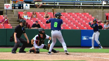 Gleider Figuereo doubles (11) on a line drive to right fielder Elis Cuevas. Luke Hanson scores.