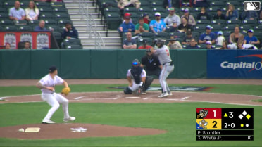 Lonnie White Jr. doubles (6) on a sharp fly ball to center fielder Jace Bohrofen. Keiner Delgado scores.