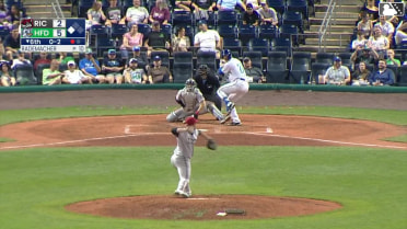 Skyler Messinger out on a sacrifice fly to right fielder Jonah Cox. Andy Perez scores.