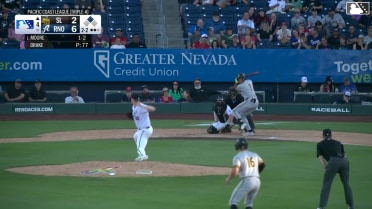Christian Moore singles on a line drive to left fielder Angel Ortiz. Zach Humphreys scores. Christian Moore to 2nd.