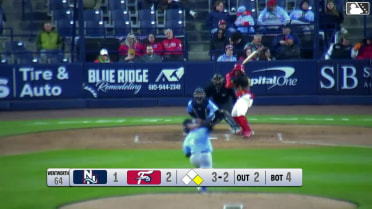 Dylan Campbell doubles (4) on a line drive to center fielder Ismael Munguia. Raylin Heredia scores.