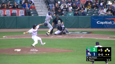 Andy Perez singles on a ground ball to left fielder Jorge Burgos. GJ Hill scores.