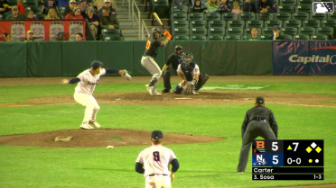 Aron Estrada doubles (2) on a sharp line drive to right fielder Eddie Micheletti Jr. Frederick Bencosme scores. Brandon Butterworth to 3rd.