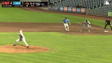 Alex Mooney doubles (11) on a ground ball to left fielder Titus Dumitru. Christian Knapczyk scores.