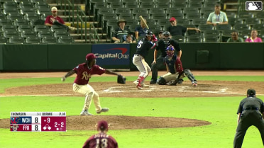 Jay Thomason singles on a line drive to center fielder Dylan Dreiling. Garrett Spain scores. Kyle DeBarge to 3rd.