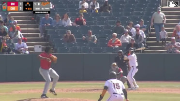 Douglas Hodo III singles on a ground ball to center fielder Brett Callahan. Frederick Bencosme scores.