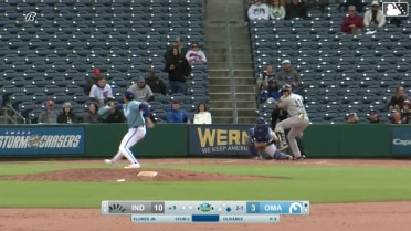 Rafael Flores Jr. doubles (3) on a line drive to center fielder Drew Waters. Endy Rodríguez scores.