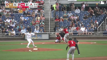 Derek Berg doubles (10) on a line drive to center fielder Miguel Bleis. Lonnie White Jr. scores.