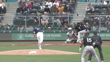 Marcos Castañon doubles (22) on a sharp line drive to center fielder Stuart Fairchild. Miguel Andujar scores.
