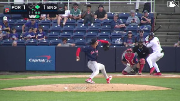 Chris Suero doubles (5) on a ground ball to left fielder Caden Rose. Marco Vargas scores.