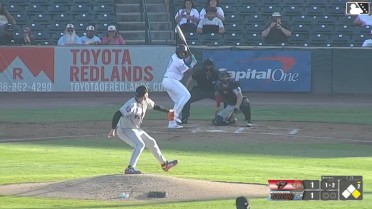 Starlin Aguilar doubles (16) on a fly ball to center fielder Cristian Arguelles. Nick Becker scores.