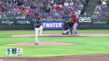 Yasser Mercedes doubles (13) on a sharp line drive to left fielder Jacob Friend. Andy Lugo scores.