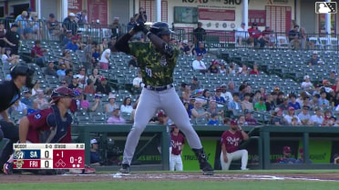 Alex McCoy homers (1) on a fly ball to left field.
