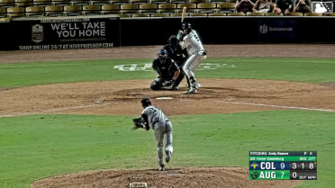 Conor Essenburg doubles (12) on a fly ball to center fielder Sean Gamble. Luis Guanipa scores.