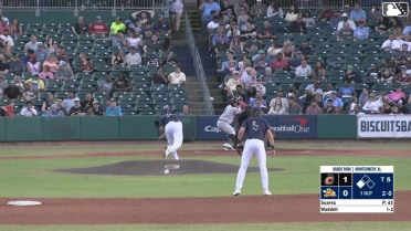 Luke Waddell doubles (1) on a line drive to left fielder Brock Jones. Kevin Kilpatrick Jr. scores.