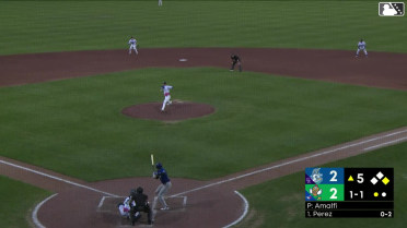Andy Perez doubles (27) on a sharp line drive to left fielder J.R. Freethy. GJ Hill scores.