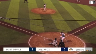 Jonny Farmelo out on a sacrifice fly to left fielder Jorge Ruiz. Anthony Donofrio scores.