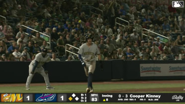 Cooper Kinney singles on a line drive to right fielder Fenwick Trimble. Austin Overn scores.