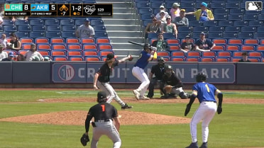 Jacob Cozart doubles (5) on a line drive to right fielder Fernando Peguero. Jake Fox scores.