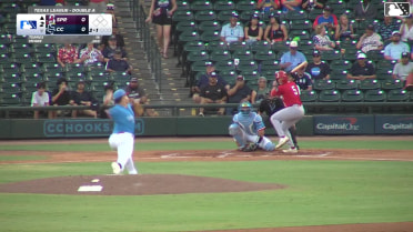 Cade McGee homers (1) on a fly ball to left field.