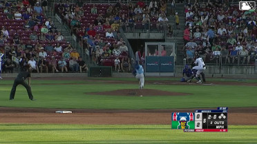 Yasser Mercedes doubles (9) on a sharp fly ball to center fielder Kane Kepley. Dameury Pena scores.