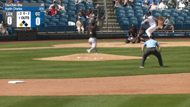 Austin Charles singles on a line drive to center fielder Rodney Green Jr. Jose Cerice scores.
