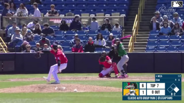 Jose Meza doubles (3) on a line drive to right fielder Ryan Cesarini. Charles Davalan scores.