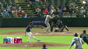 Kole Myers doubles (1) on a fly ball to third baseman Keyber Rodriguez. Joe Vetrano scores.