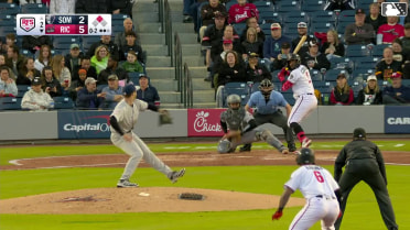 Sabin Ceballos doubles (3) on a line drive to center fielder Kenedy Corona. Maui Ahuna scores.