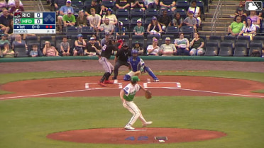 Charlie Szykowny triples (1) on a fly ball to right fielder Benny Montgomery.