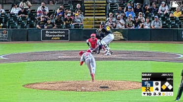 Murf Gray doubles (2) on a sharp line drive to center fielder Ryan Mitchell. Eddie Rynders scores.