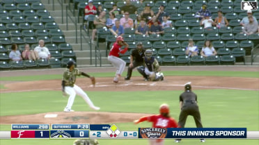 Jordan Williams doubles (5) on a line drive to center fielder Sean Gamble, deflected by right fielder Angel Ramirez. Rafael Ramirez Jr. scores.