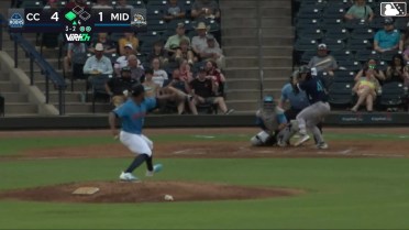 Trevor Austin doubles (12) on a sharp ground ball to left fielder Cameron Leary, deflected by third baseman Euribiel Angeles. Jax Biggers scores.