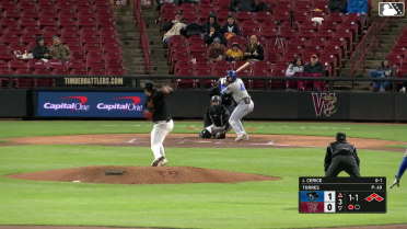 Jose Cerice out on a sacrifice fly to right fielder Luis Castillo. Asbel Gonzalez scores.
