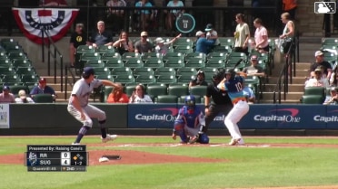 Shay Whitcomb doubles (1) on a sharp line drive to right fielder Trevor Hauver. Taylor Trammell scores.