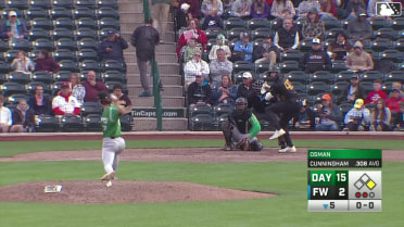 Jake Cunningham doubles (9) on a sharp line drive to center fielder Yerlin Confidan. Alex McCoy scores.