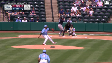Austin Wells homers (1) on a fly ball to center field.