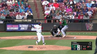 Jose Izarra doubles (8) on a ground ball to left fielder Luis Castillo. Samuel Munoz scores.