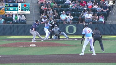 Carlos Gutierrez doubles (1) on a line drive to center fielder Slade Caldwell. Gavin Kilen scores.