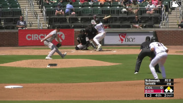Jordan Sprinkle singles on a ground ball to center fielder Patrick Clohisy. Jorge Corona scores.