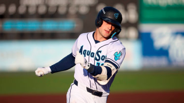 Josh Caron doubles (15) on a sharp line drive to center fielder David Mershon. Luke Stevenson scores.