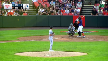 Braylin Tavera doubles (16) on a sharp line drive to center fielder Caden Powell. Randal Diaz scores.