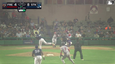 Derek Bernard doubles (12) on a fly ball to center fielder Bobby Blandford. Roldy Brito scores.