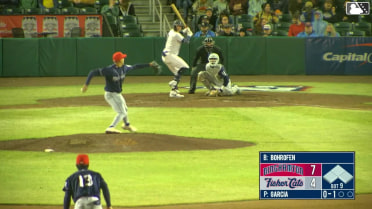 Jace Bohrofen triples (1) on a fly ball to center fielder A.J. Ewing.