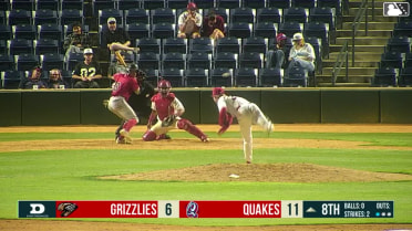Cameron Nelson doubles (4) on a line drive to center fielder Hayden Alvarez. Kyle Fossum scores.